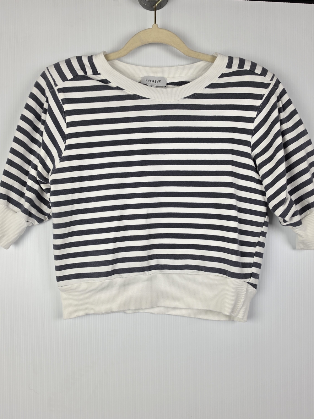 Evereve Blue & White Striped Cropped Short Sleeve Sweatshirt